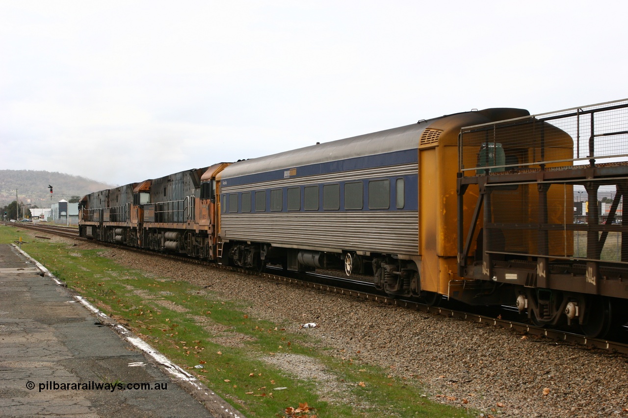 070608 0153
Midland, Pacific National RZDY type crew accommodation car RZDY 100 'MOPOKE', started life as a Bluebird railcar driving trailer built by South Australian Railways Islington Workshops in 1955 as Mopoke. In 1986 coded 100, then to 107, in 2001 renumbered 100 and named 'Cabernet'. Converted to crew car for Pacific National as RZDY in 2006 at Islington workshops.
Keywords: RZDY-type;RZDY100;SAR-Islington-WS;Bluebird;Mopoke;Cabernet;