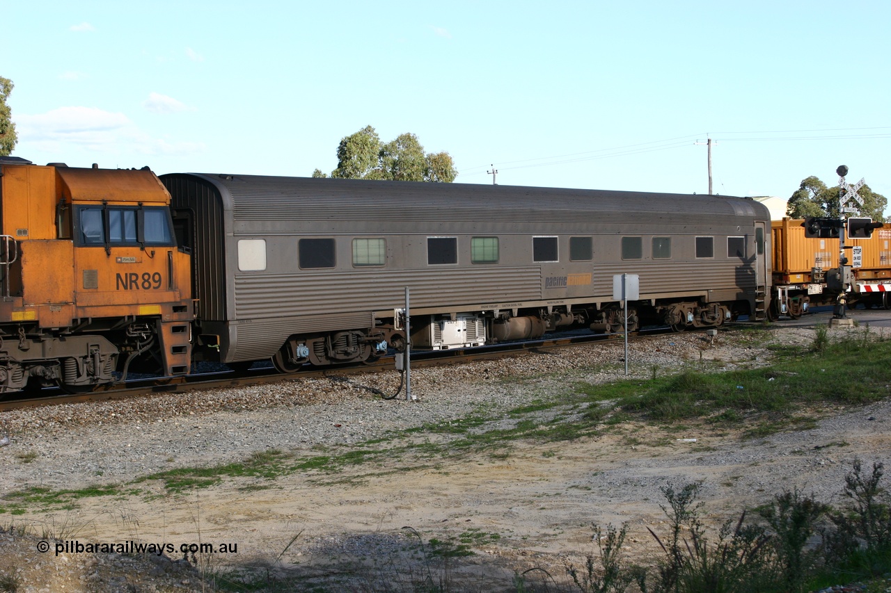 070609 0225
Kewdale, Daddo Road, Pacific National RZAY type crew accommodation coach RZAY 986 on train 7PS6, originally built by Comeng NSW in 1972 as a stainless steel air conditioned first class roomette sleeping car, renumbered to 986 for Indian Pacific service, sold to National Rail Corporation in 1997 and converted to a crew car.
Keywords: RZAY-type;RZAY986;Comeng-NSW;ARJ-type;ARJ286;ARJ986;