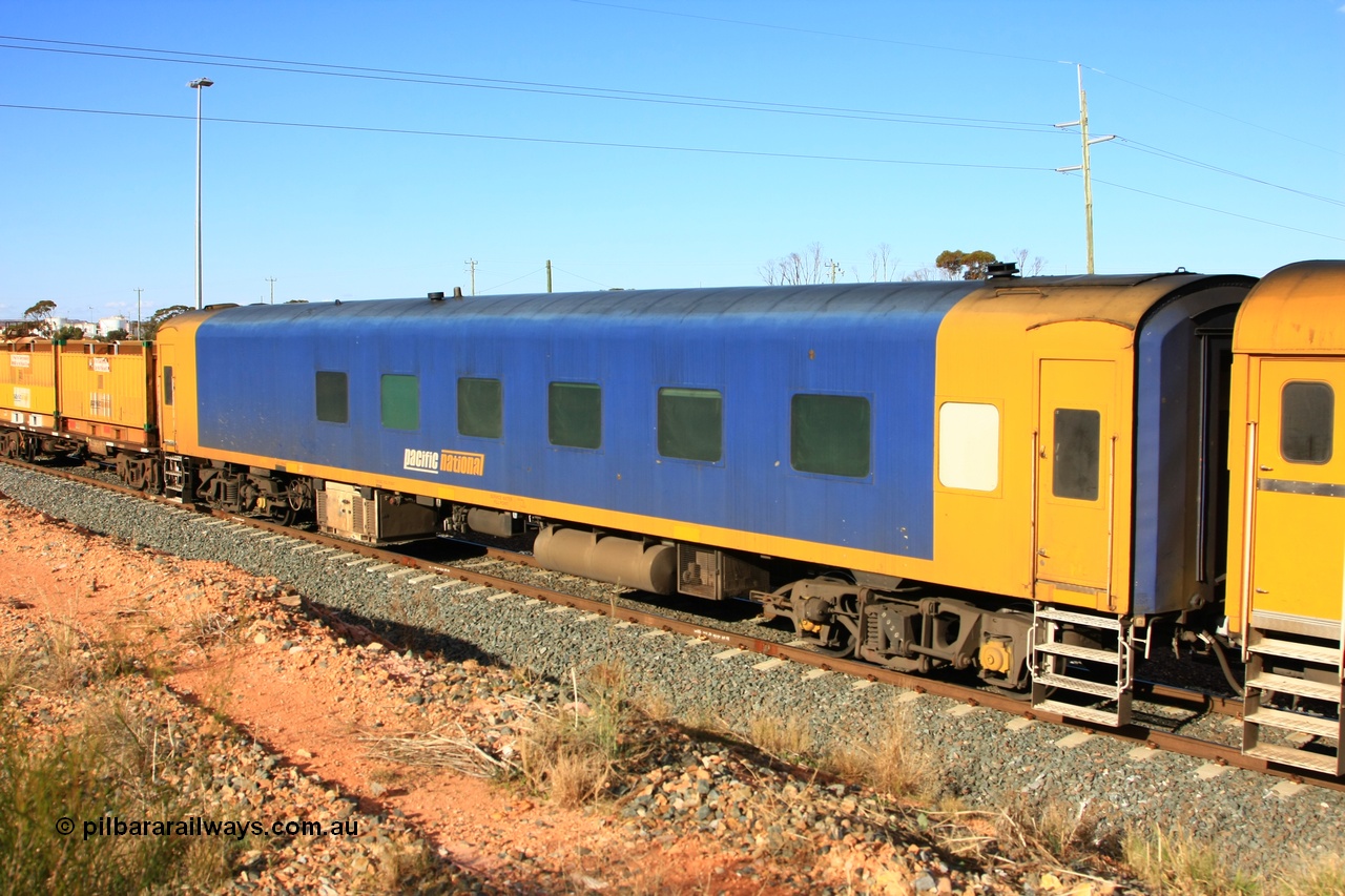 100601 8387
West Kalgoorlie, Pacific National BRS type crew accommodation coach BRS 221, originally built by Victorian Railways Newport Workshops in November 1940 as an AS type first class sitting car for the Spirit of Progress as AS 6, in April 1983 converted to a combined sitting accommodation and a mini refreshment service as BRS type BRS 1, then in September 1985 renumbered to BRS 221. Sold to West Coast Railway mid 1990s, converted to crew car after 2004.
Keywords: BRS-type;BRS221;Victorian-Railways-Newport-WS;AS-type;AS6;BRS-type;BRS1;
