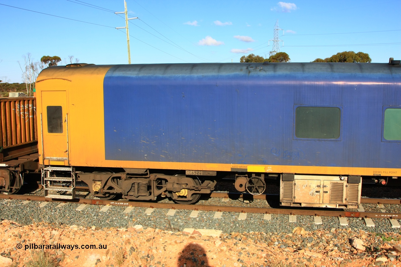 100601 8388
West Kalgoorlie, Pacific National BRS type crew accommodation coach BRS 221, originally built by Victorian Railways Newport Workshops in November 1940 as an AS type first class sitting car for the Spirit of Progress as AS 6, in April 1983 converted to a combined sitting accommodation and a mini refreshment service as BRS type BRS 1, then in September 1985 renumbered to BRS 221. Sold to West Coast Railway mid 1990s, converted to crew car after 2004.
Keywords: BRS-type;BRS221;Victorian-Railways-Newport-WS;AS-type;AS6;BRS-type;BRS1;