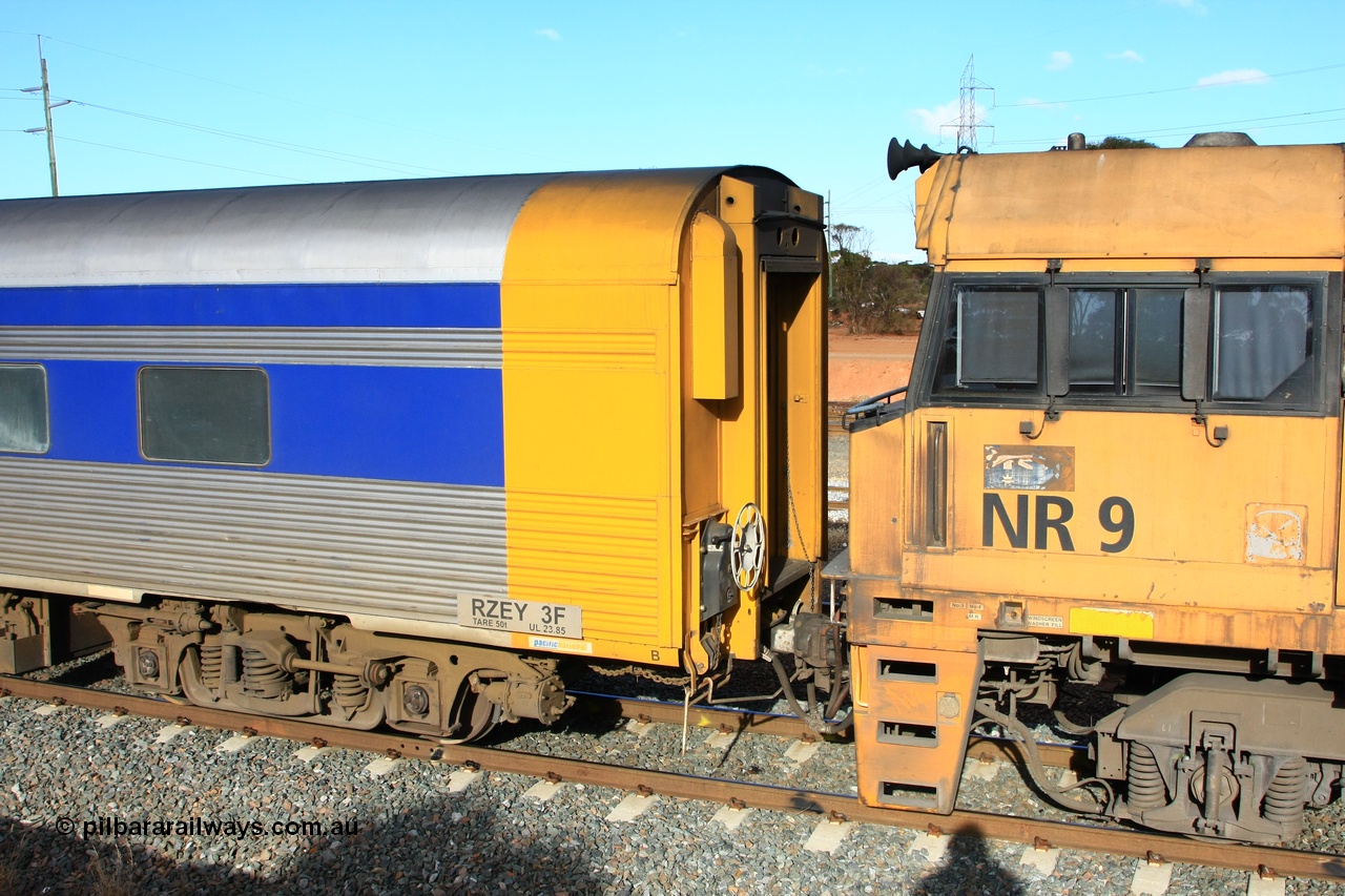 100601 8394
West Kalgoorlie, crew accommodation coach RZEY 3, handbrake end detail and number board view, built by South Australian Railways Islington Workshops in 1956 as Tolkini for The Overland, renamed to Malkari in 1957 then coded JTA 3 in 1987, converted to crew coach in 2007 by Bluebird Rail Operations.
Keywords: RZEY-type;RZEY3;SAR-Islington-WS;JTA-type;JTA3;Tolkini;Malkari;
