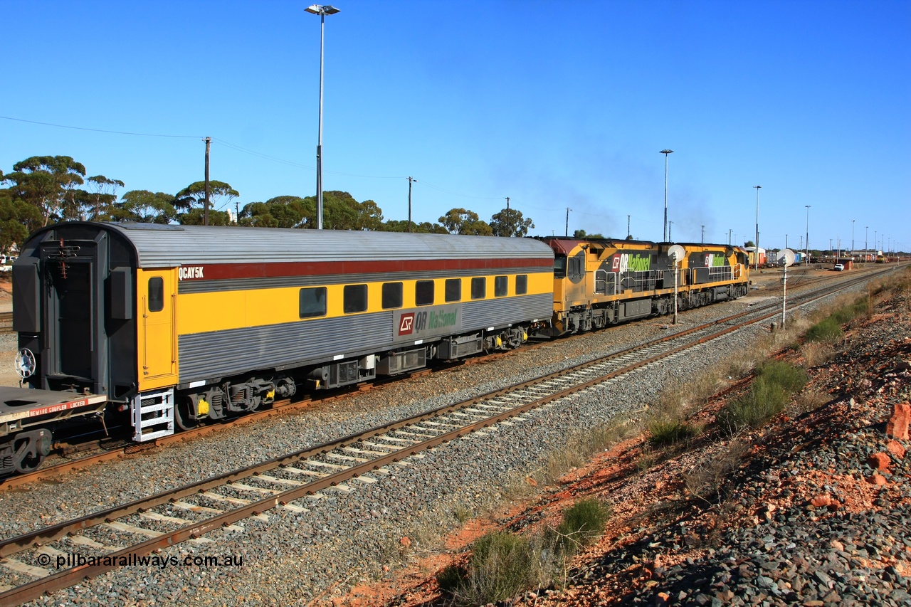 100602 8611
West Kalgoorlie, crew accommodation coach QCAY 5 was built by the South Australian Railways Islington Workshops in 1958 as Juki for The Overland as a corten steel roomette sleeping car. Sold to Blue Bird Rail in 1997, then to Grand Corporate Rail, renamed BMC 2, in 2003 sold to Great Southern Railway and renamed Sir John Forrest. Purchased by Bluebird Rail and converted to crew car and then sold to Queensland Rail.
Keywords: QCAY-type;QCAY5;SAR-Islington-WS;Juki;JRA-type;JRA5;