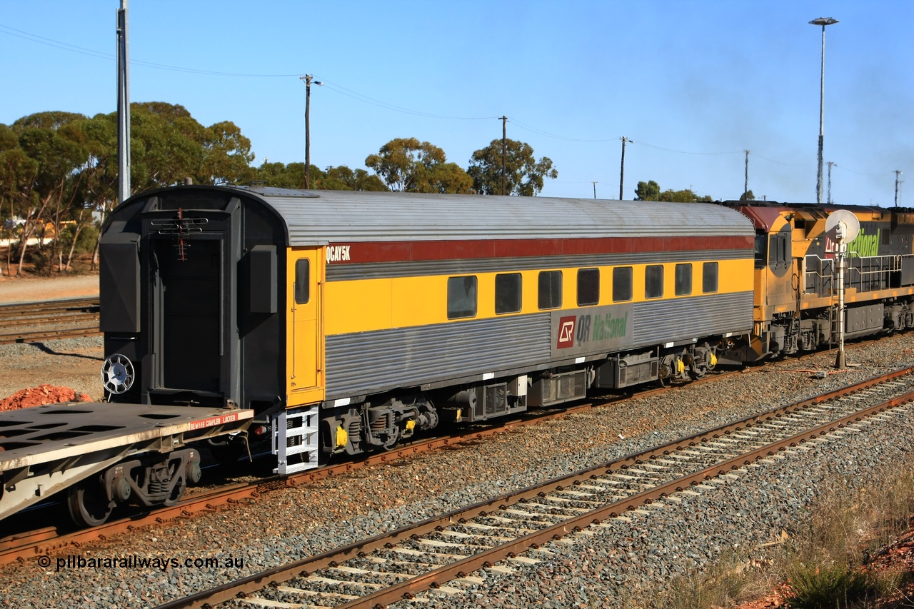 100602 8613
West Kalgoorlie, crew accommodation coach QCAY 5 was built by the South Australian Railways Islington Workshops in 1958 as Juki for The Overland as a corten steel roomette sleeping car. Sold to Blue Bird Rail in 1997, then to Grand Corporate Rail, renamed BMC 2, in 2003 sold to Great Southern Railway and renamed Sir John Forrest. Purchased by Bluebird Rail and converted to crew car and then sold to Queensland Rail.
Keywords: QCAY-type;QCAY5;SAR-Islington-WS;Juki;JRA-type;JRA5;