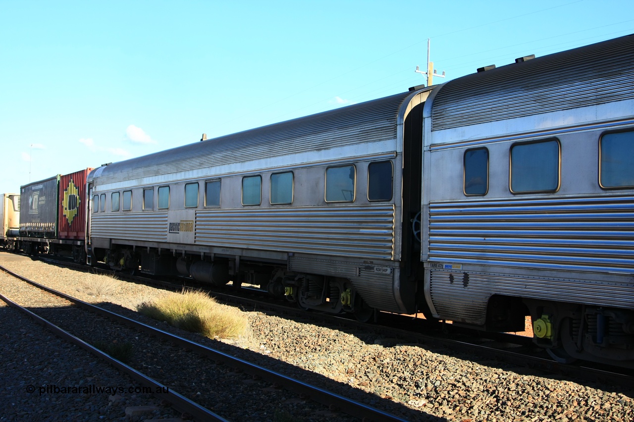 100602 8710
Parkeston, Pacific National RZAY type crew accommodation car RZAY 940 was built by Comeng NSW as an ARJ type stainless steel air conditioned first class roomette sleeping car ARJ 240 in 1968, allocated to the Indian Pacific Joint Stock in 1970, renumbered to ARJ 940 in 1974 and sold to National Rail and converted to crew car in 1997.
Keywords: RZAY-type;RZAY940;Comeng-NSW;ARJ-type;ARJ240;ARJ940;