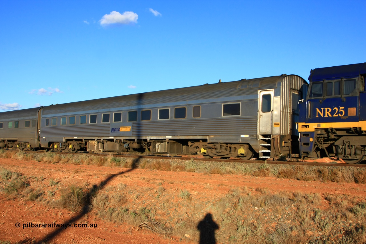 100602 8718
Parkeston, Pacific National RZBY type crew accommodation car RZBY 911, built by Comeng NSW as ER type stainless steel air conditioned crew dormitory car ER 211 in 1969, renumbered to ER 911 in 1974, sold to National Rail and converted to crew car in 1997.
Keywords: RZBY-type;RZBY911;Comeng-NSW;ER-type;ER211;ER911;
