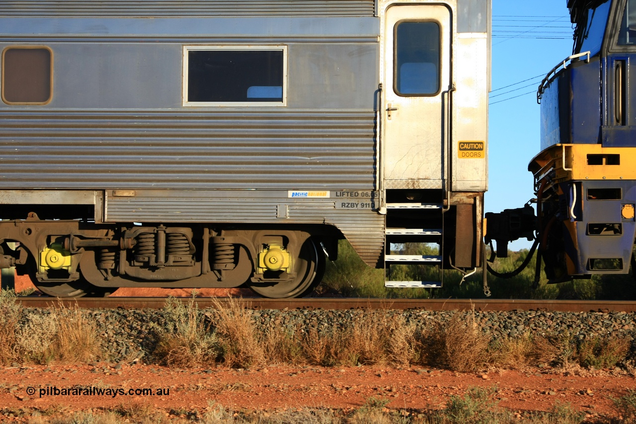 100602 8719
Parkeston, Pacific National RZBY type crew accommodation car RZBY 911, built by Comeng NSW as ER type stainless steel air conditioned crew dormitory car ER 211 in 1969, renumbered to ER 911 in 1974, sold to National Rail and converted to crew car in 1997.
Keywords: RZBY-type;RZBY911;Comeng-NSW;ER-type;ER211;ER911;