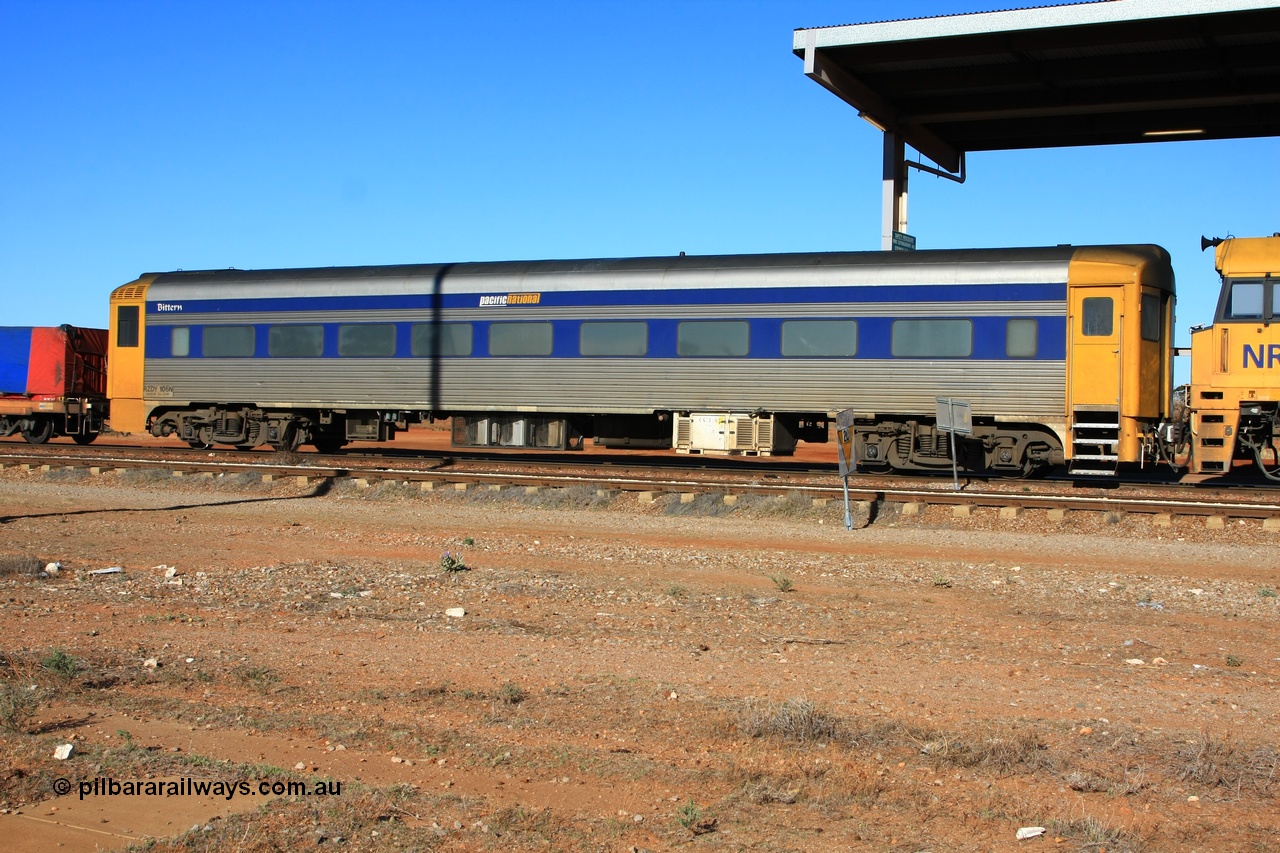 100603 8803
Parkeston; Pacific National RZDY type crew accommodation car RZDY 106 'Bittern' originally built by SAR Islington Workshops as a Bluebird railcar driving trailer in 1958 named 'Britten', in 1986 numbered 106, in 1990 converted to locomotive hauled and coded as BR type BR 106, written off in 1995 and sold off. In 1998 it was numbered 812. It was owned by a number of owners and then CFCLA. In 2006 converted to a Pacific National crew car.
Keywords: RZDY-type;RZDY106;SAR-Islington-WS;Bluebird;106;BR106;812;