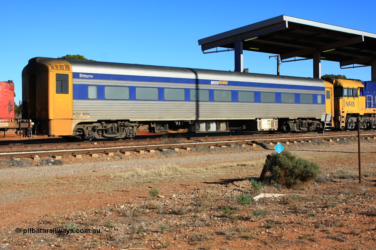 100603 8805
Parkeston; Pacific National RZDY type crew accommodation car RZDY 106 'Bittern' originally built by SAR Islington Workshops as a Bluebird railcar driving trailer in 1958 named 'Britten', in 1986 numbered 106, in 1990 converted to locomotive hauled and coded as BR type BR 106, written off in 1995 and sold off. In 1998 it was numbered 812. It was owned by a number of owners and then CFCLA. In 2006 converted to a Pacific National crew car.
Keywords: RZDY-type;RZDY106;SAR-Islington-WS;Bluebird;106;BR106;812;
