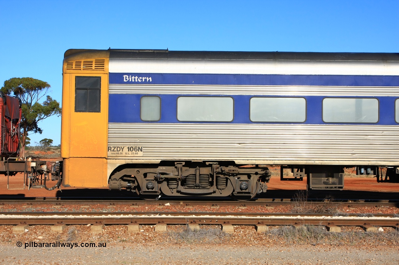 100603 8811
Parkeston; Pacific National RZDY type crew accommodation car RZDY 106 'Bittern' originally built by SAR Islington Workshops as a Bluebird railcar driving trailer in 1958 named 'Britten', in 1986 numbered 106, in 1990 converted to locomotive hauled and coded as BR type BR 106, written off in 1995 and sold off. In 1998 it was numbered 812. It was owned by a number of owners and then CFCLA. In 2006 converted to a Pacific National crew car.
Keywords: RZDY-type;RZDY106;SAR-Islington-WS;Bluebird;106;BR106;812;