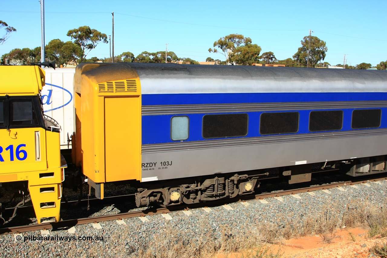 100603 8849
West Kalgoorlie, Pacific National RZDY type crew accommodation car RZDY 103 'Ibis' originally built by SAR Islington Workshops as a Bluebird railcar driving trailer in 1956 named 'Ibis', in 1986 numbered 103, in 1990 converted to locomotive hauled and coded as BR type BR 103, written off in 1995 and sold off. It was owned by a number of owners and finally in 2006 converted to a Pacific National crew car.
Keywords: RZDY-type;RZDY103;SAR-Islington-WS;Bluebird;103;BR103;