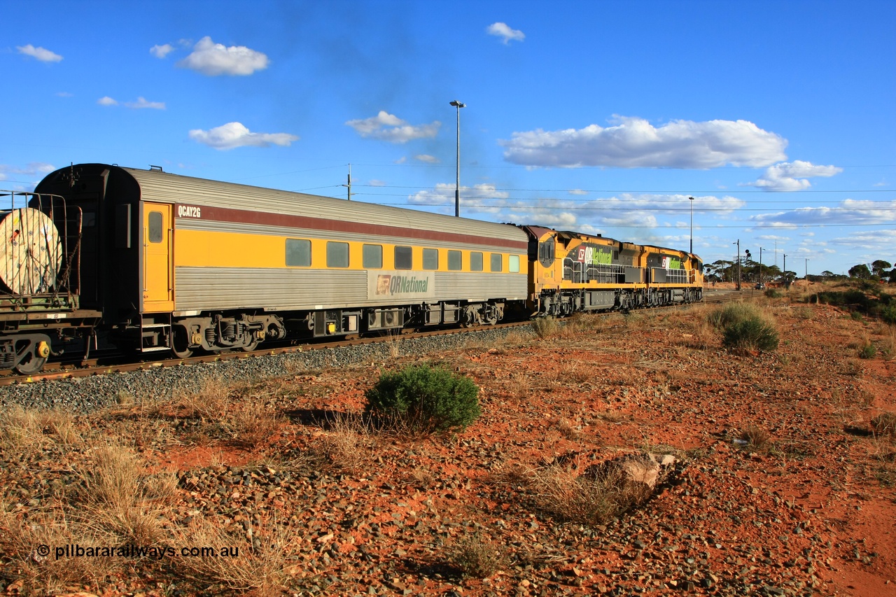 100603 9048
West Kalgoorlie, crew accommodation coach QCAY 2 was built by the South Australian Railways Islington Workshops in 1958 as Chalaki for The Overland as a corten steel roomette sleeping car. Purchased by Bluebird Rail in 2007 and converted to crew car for Queensland Rail ~2010.
Keywords: QCAY-type;QCAY2;SAR-Islington-WS;Chalaki;JRA-type;JRA2;