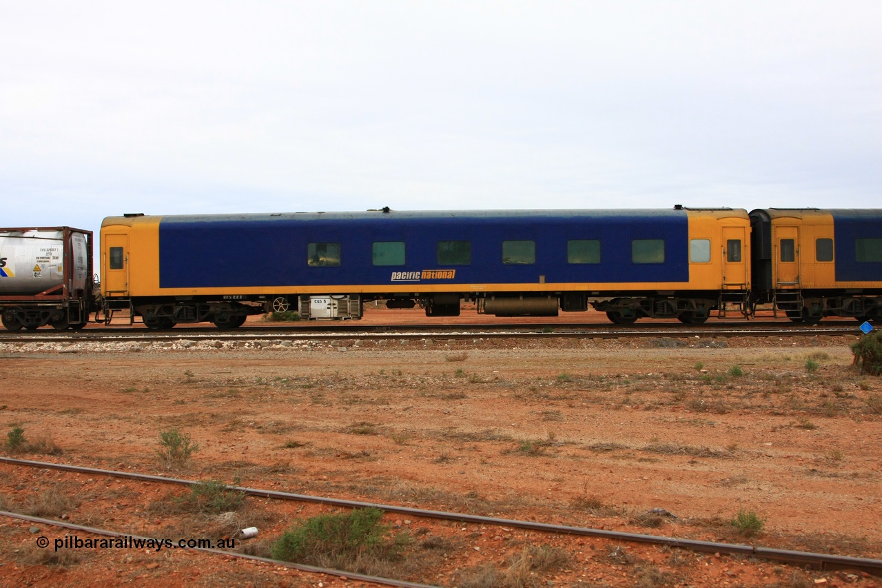 100605 9070
Midland, Pacific National crew accommodation coach BRS 222, built by Victorian Railways Newport Workshops in 1952 as AS 16 First class, to BRS 2, then BS 222. Leased and then sold to West Coast Rail in 1995, and then sold to Pacific National in 2004.
Keywords: BRS-type;BRS222;Victorian-Railways-Newport-WS;AS-type;AS16;BRS-type;BRS2;BS-type;BS222;