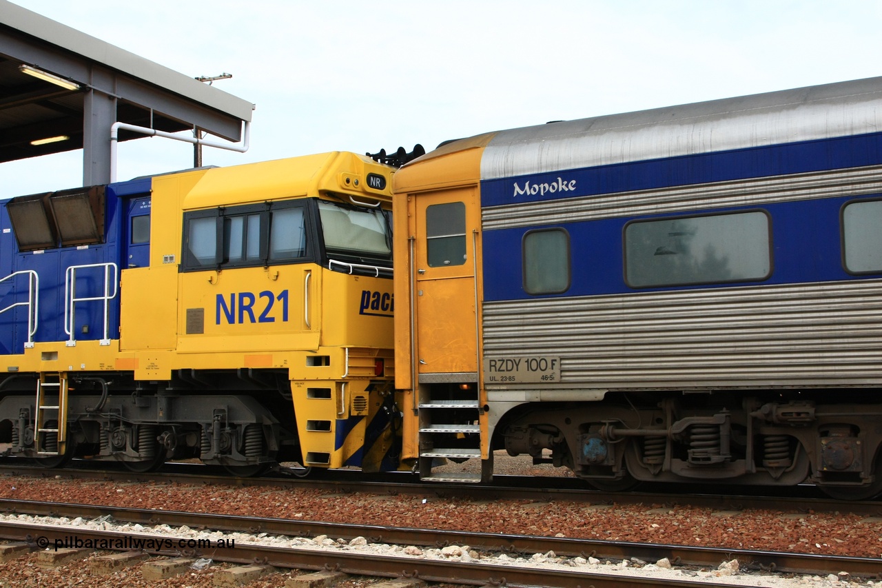 100605 9143
Parkeston, Pacific National RZDY type crew accommodation car RZDY 100 'MOPOKE', started life as a Bluebird railcar driving trailer built by South Australian Railways Islington Workshops in 1955 as Mopoke. In 1986 coded 100, then to 107, in 2001 renumbered 100 and named 'Cabernet'. Converted to crew car for Pacific National as RZDY in 2006 at Islington workshops.
Keywords: RZDY-type;RZDY100;SAR-Islington-WS;Bluebird;Mopoke;Cabernet;