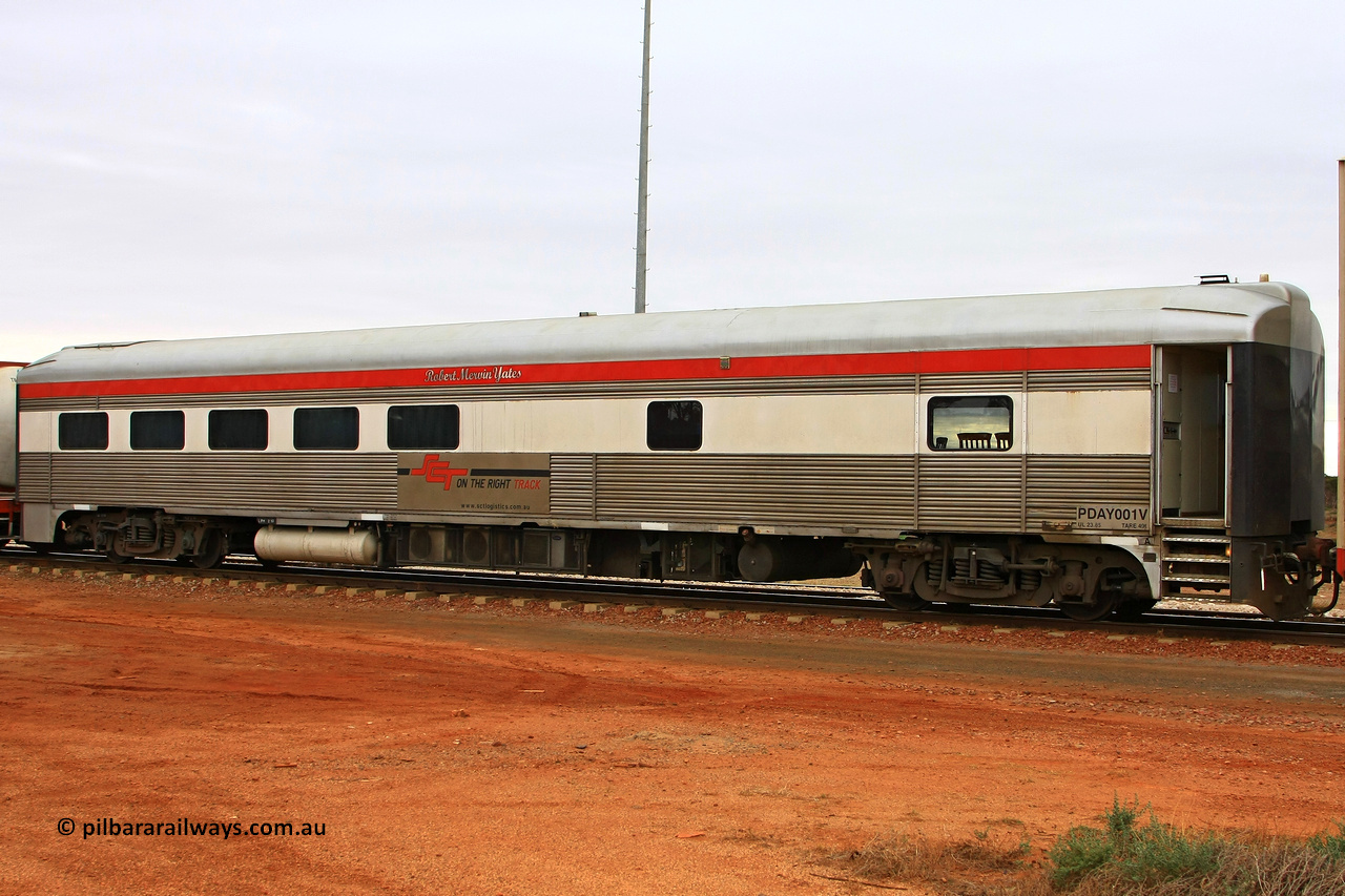 100606 9487
Parkeston, SCT PDAY type crew accommodation car PDAY 001 'Robert Mervin Yates', built by SAR Islington Workshops as a 250 type Bluebird second class railcar number 253 and named 'Pelican' in 1955, written off in 1995 and sold and eventually converted to a crew car by Bluebird Rail Services in 2005.
Keywords: PDAY-type;PDAY001;SAR-Islington-WS;Bluebird;250-type;