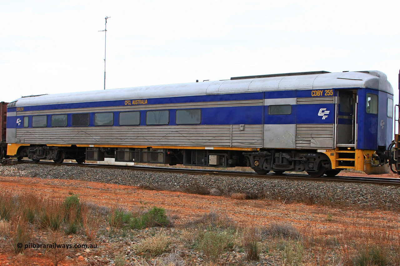 100606 9590
Golden Ridge, CFCLA leased crew accommodation coach CDBY type CDBY 255 'Curlew', originally built by SAR Islington Workshops in 1956 as a Bluebird railcar 'Curlew', later numbered 802 in National Rail service, then to CDBY 255 when converted to crew coach in 2007.
Keywords: CDBY-type;CDBY255;SAR-Islington-WS;Bluebird;250-type;