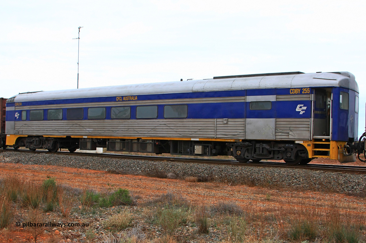 100606 9591
Golden Ridge, CFCLA leased crew accommodation coach CDBY type CDBY 255 'Curlew', originally built by SAR Islington Workshops in 1956 as a Bluebird railcar 'Curlew', later numbered 802 in National Rail service, then to CDBY 255 when converted to crew coach in 2007.
Keywords: CDBY-type;CDBY255;SAR-Islington-WS;Bluebird;250-type;
