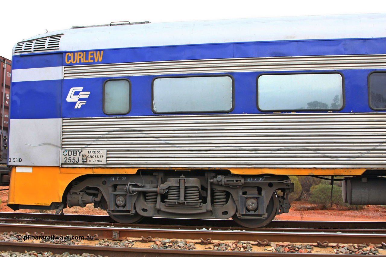 100606 9605
Golden Ridge, CFCLA leased crew accommodation coach CDBY type CDBY 255 'Curlew', originally built by SAR Islington Workshops in 1956 as a Bluebird railcar 'Curlew', later numbered 802 in National Rail service, then to CDBY 255 when converted to crew coach in 2007.
Keywords: CDBY-type;CDBY255;SAR-Islington-WS;Bluebird;250-type;