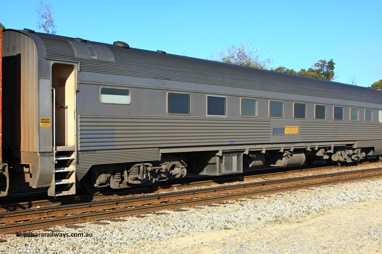 100608 9804
Midland, Pacific National RZBY type crew accommodation car RZBY 910, built by Comeng NSW as ER type stainless steel air conditioned crew dormitory car ER 210 in 1969, renumbered to ER 911 in 1974, sold to National Rail and converted to crew car in 1997.
Keywords: RZBY-type;RZBY910;Comeng-NSW;ER-type;ER210;ER910;