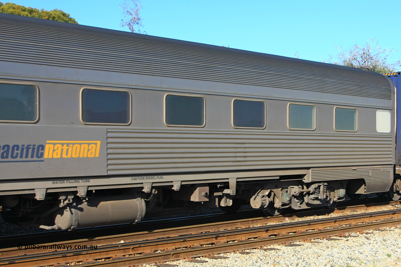100608 9805
Midland, Pacific National RZBY type crew accommodation car RZBY 910, built by Comeng NSW as ER type stainless steel air conditioned crew dormitory car ER 210 in 1969, renumbered to ER 911 in 1974, sold to National Rail and converted to crew car in 1997.
Keywords: RZBY-type;RZBY910;Comeng-NSW;ER-type;ER210;ER910;