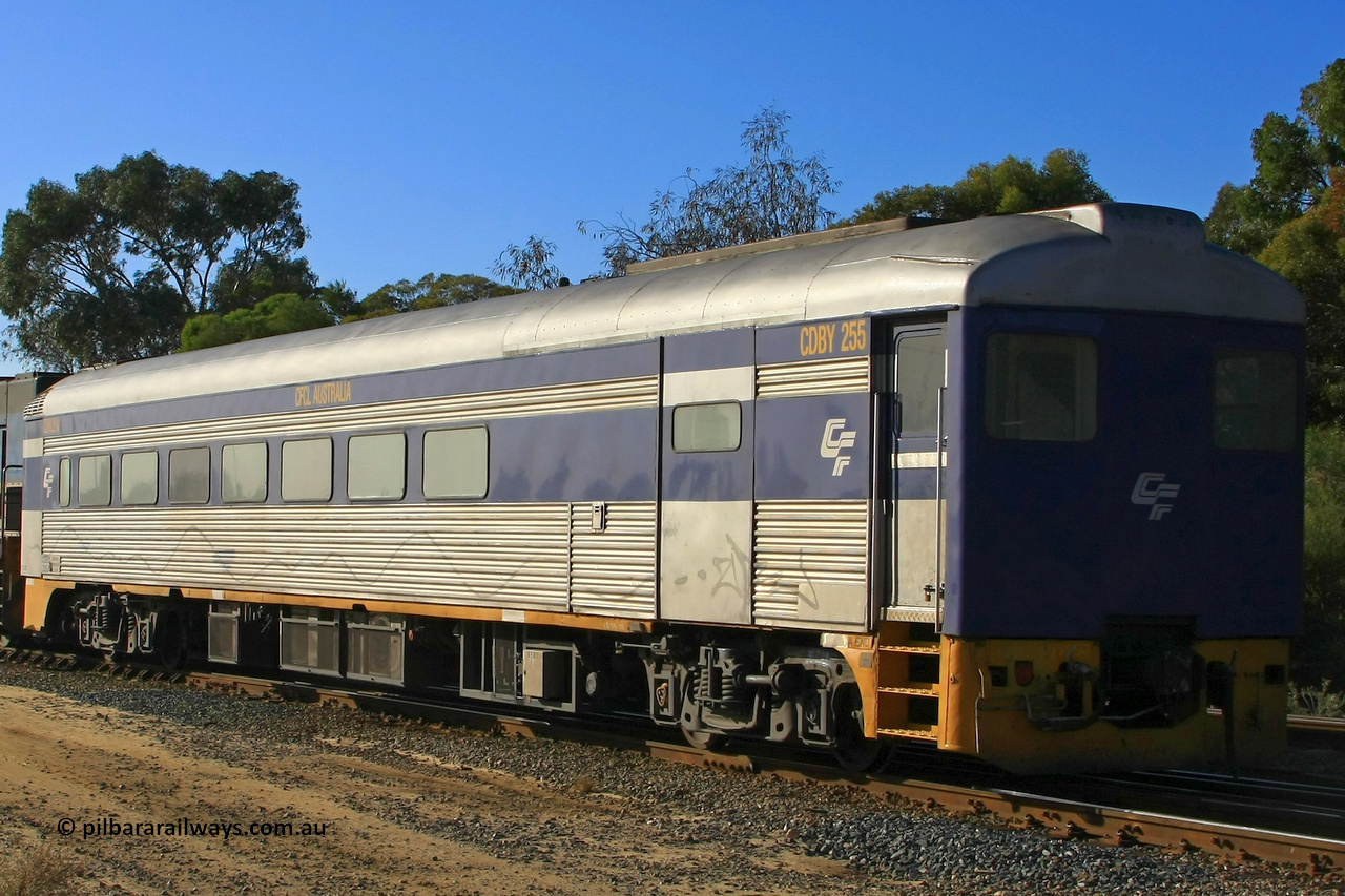 100608 9814
Forrestfield, CFCLA leased crew accommodation coach CDBY type CDBY 255 'Curlew', originally built by SAR Islington Workshops in 1956 as a Bluebird railcar 'Curlew', later numbered 802 in National Rail service, then to CDBY 255 when converted to crew coach in 2007.
Keywords: CDBY-type;CDBY255;SAR-Islington-WS;Bluebird;250-type;