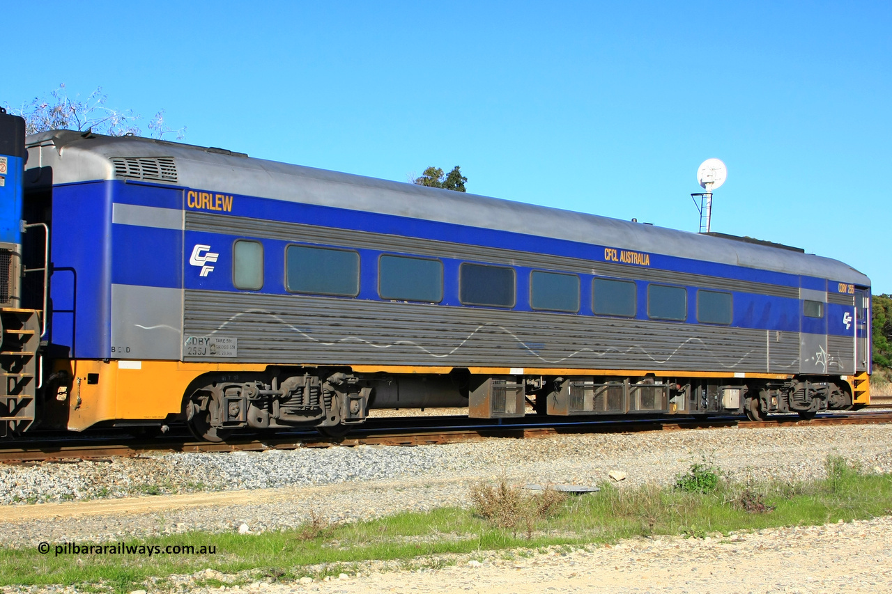 100608 9816
Forrestfield, CFCLA leased crew accommodation coach CDBY type CDBY 255 'Curlew', originally built by SAR Islington Workshops in 1956 as a Bluebird railcar 'Curlew', later numbered 802 in National Rail service, then to CDBY 255 when converted to crew coach in 2007.
Keywords: CDBY-type;CDBY255;SAR-Islington-WS;Bluebird;250-type;