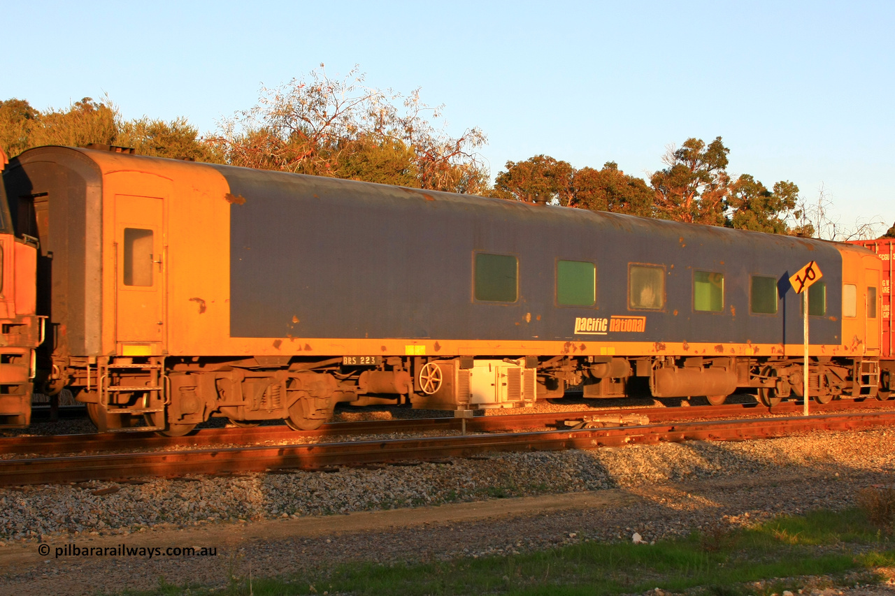 100608 9891
Forrestfield, Pacific National BRS type crew accommodation coach BRS 223, originally built by Victorian Railways Newport Workshops in March 1949 as an AS type first class sitting car for the Spirit of Progress AS 12, in July 1952 converted to ABS type first and second class Spirit of Progress car ABS 1, in October 1972 reverted to AS 1, in June 1983 converted to a combined sitting accommodation and a mini refreshment service as BRS type BRS 3, then in September 1985 renumbered to BRS 223. Sold to West Coast Railway mid 1990s, converted to crew car after 2005.
Keywords: BRS-type;BRS223;Victorian-Railways-Newport-WS;AS-type;AS12;ABS-type;ABS1;BRS-type;BRS3;