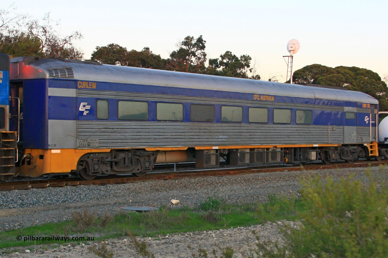100608 9912
Forrestfield, CFCLA leased crew accommodation coach CDBY type CDBY 255 'Curlew', originally built by SAR Islington Workshops in 1956 as a Bluebird railcar 'Curlew', later numbered 802 in National Rail service, then to CDBY 255 when converted to crew coach in 2007.
Keywords: CDBY-type;CDBY255;SAR-Islington-WS;Bluebird;250-type;