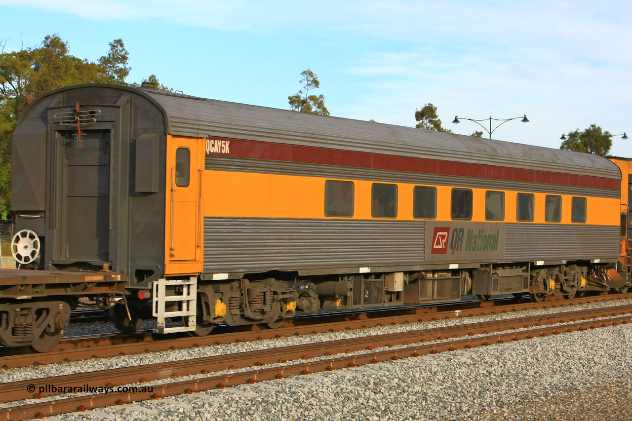 100611 0400
Midland, crew accommodation coach QCAY 5 was built by the South Australian Railways Islington Workshops in 1958 as Juki for The Overland as a corten steel roomette sleeping car. Sold to Blue Bird Rail in 1997, then to Grand Corporate Rail, renamed BMC 2, in 2003 sold to Great Southern Railway and renamed Sir John Forrest. Purchased by Bluebird Rail and converted to crew car and then sold to Queensland Rail.
Keywords: QCAY-type;QCAY5;SAR-Islington-WS;Juki;JRA-type;JRA5;