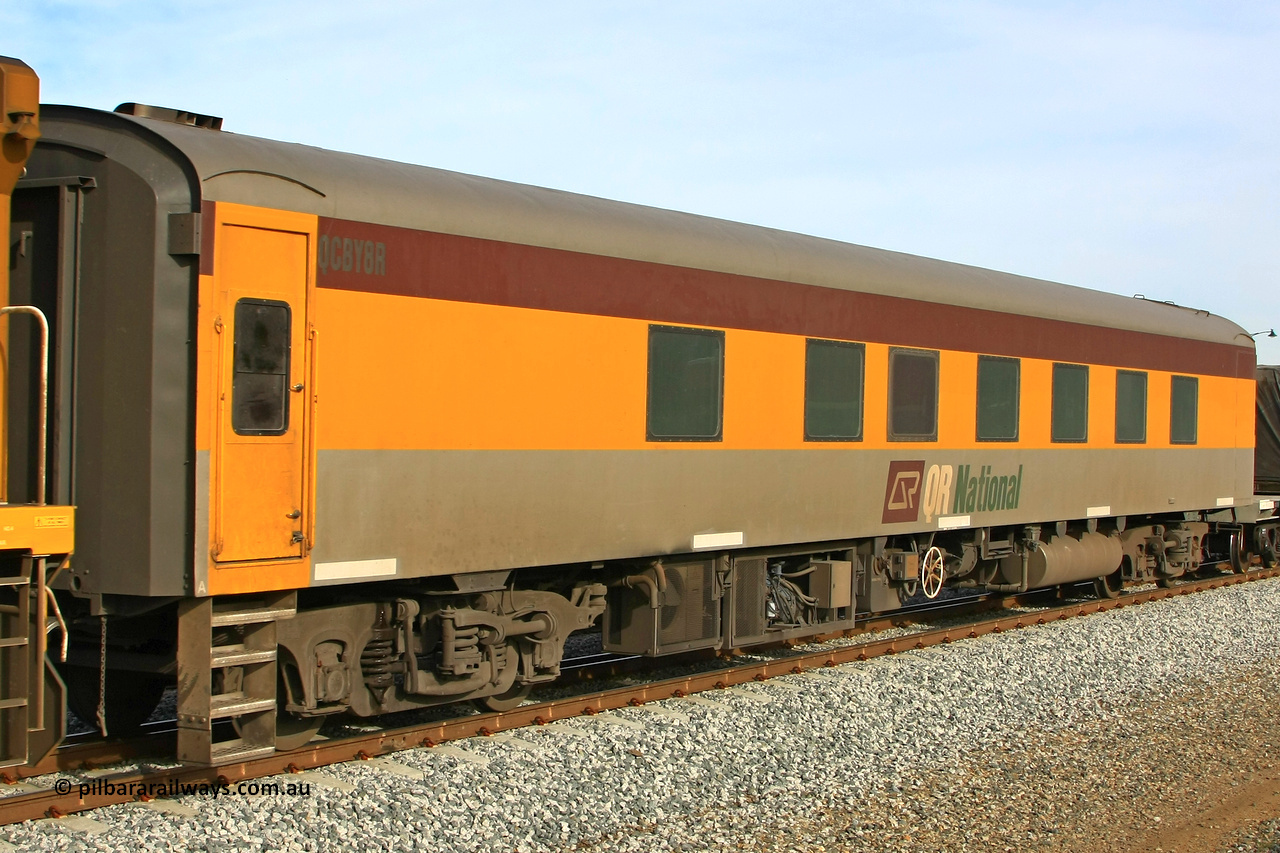 100611 0471
Midland, QR National / Aurizon QCBY type crew accommodation car QCBY 8, built by Victorian Railways Newport Workshops in 1955 as BS type Second Class Sitting Car BS 8, renumbered in 1984 to BS 208. Sold to West Coast Railway in 1995, then in 2004 to Queensland Rail [Aurizon] and converted to a crew car. Car ended up in SCT ownership in 2020.
Keywords: QCBY-type;QCBY8;Victorian-Railways-Newport-WS;BS-type;BS8;BS208;