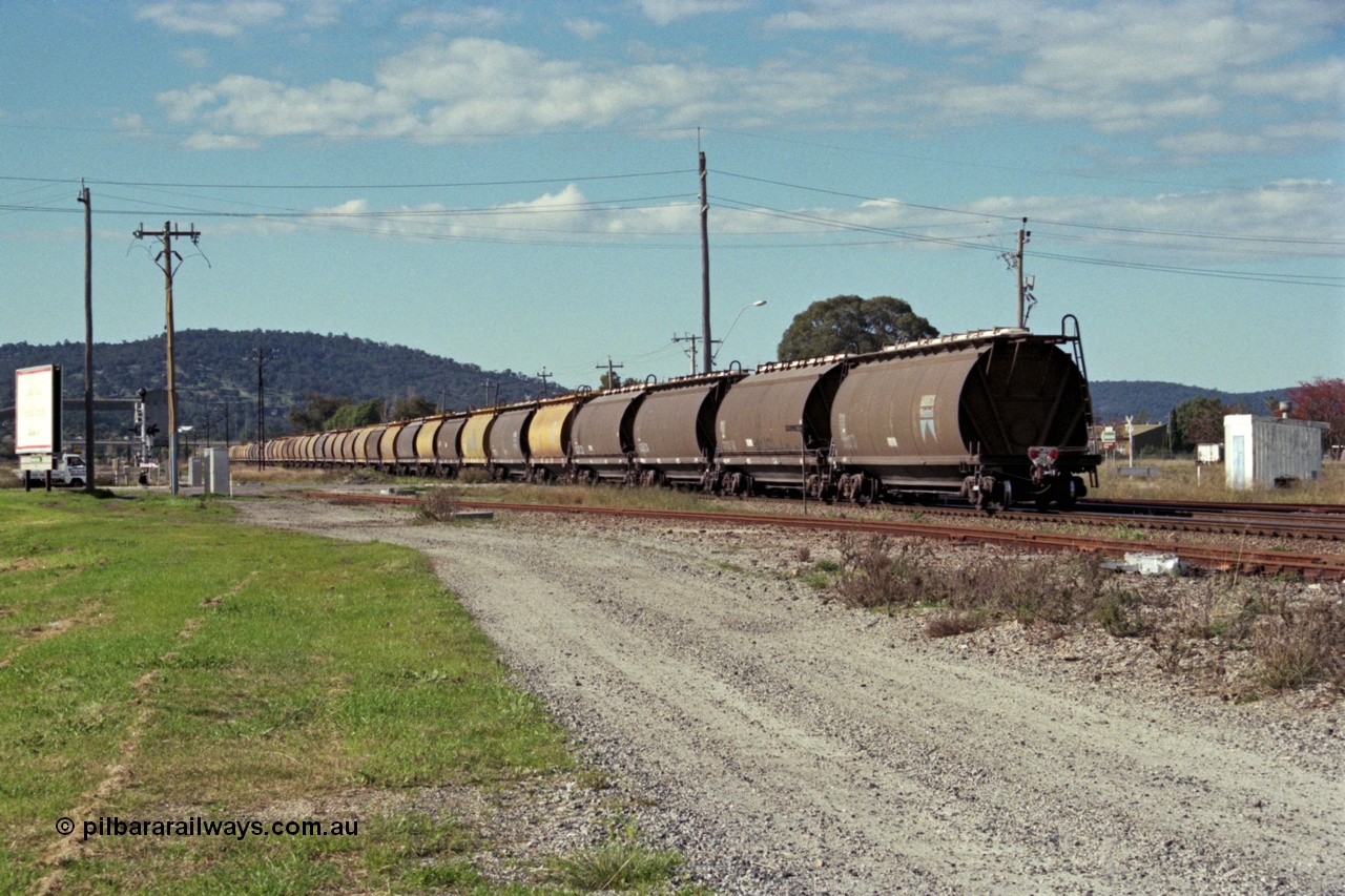 186-08
Midland, empty standard gauge down grain train 051 crosses Lloyd Street with forty WW and WWA type bogie grain waggons, trailing view.
