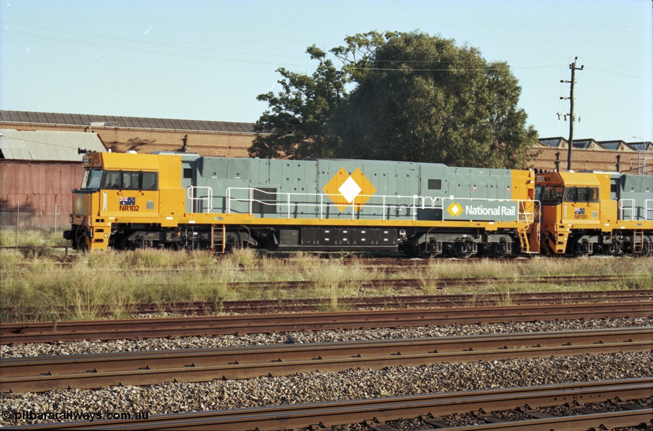 186-28
Midland, standard gauge yard, brand new Perth built National Rail NR class locomotive NR 102 Goninan GE model Cv40-9i serial 7250-07/97-302 leads sister NR 101 as they shunt into the yard off the mainline.
Keywords: NR-class;NR102;Goninan;GE;Cv40-9i;7250-07/97-302;