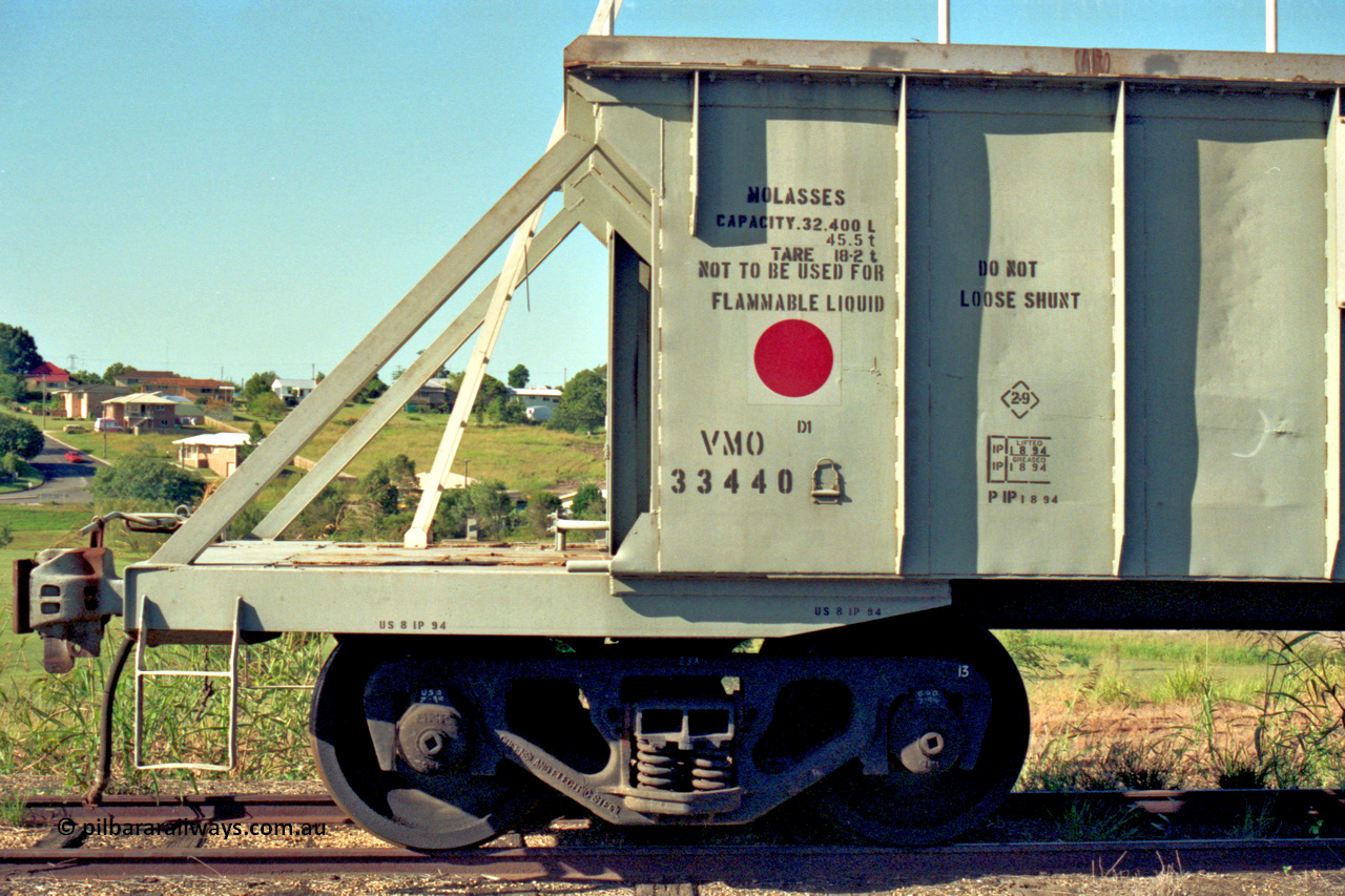187-12
Monkland, Gympie Queensland. VMO type molasses waggon VMO 33440. Originally built by Nippon Sharyo Nihon in 1965 as a batch of 200 VO type coal hoppers. Converted to VMO in 1994. [url=https://goo.gl/maps/Fy4T98DMkxP2]GeoData[/url].
Keywords: VMO-type;VMO33440;Nippon-Sharyo-Nihon;VO-type;