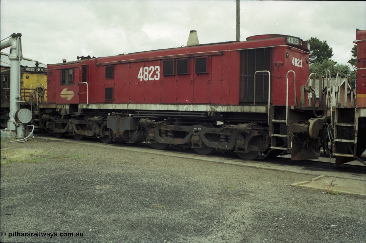 188-34
Junee, NSWSRA standard gauge locomotive depot, 48 class unit 4823 serial 83818 in the red terror livery. AE Goodwin built ALCo DL531 model. Unit scrapped in 1999.
Keywords: 48-class;4823;AE-Goodwin;ALCo;RSD-8;DL-531;83818;