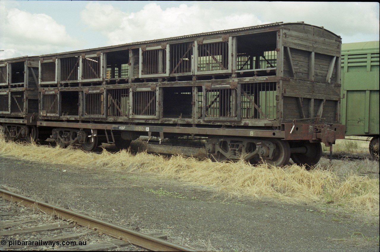 190-13
Cootamundra, NSW Main South, NSSF type bogie sheep waggon NSSF 30004, originally built by AE Goodwin as BSV type.
Keywords: NSSF-type;NSSF30004;AE-Goodwin;BSV-type;