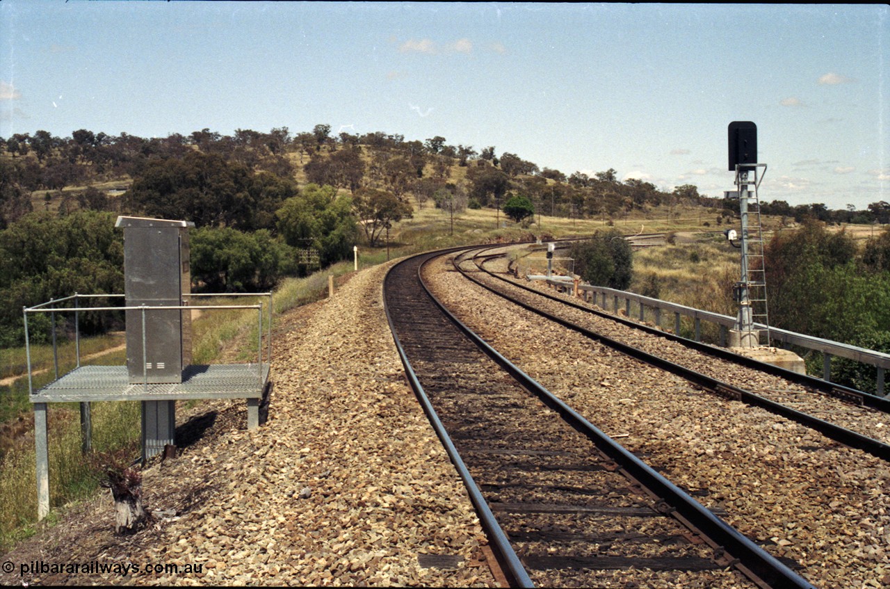 190-27
Bethungra, located at the 456.04 km on the NSW Main South line, looking south from the north end, ground frame D and yard visible around the curve.
