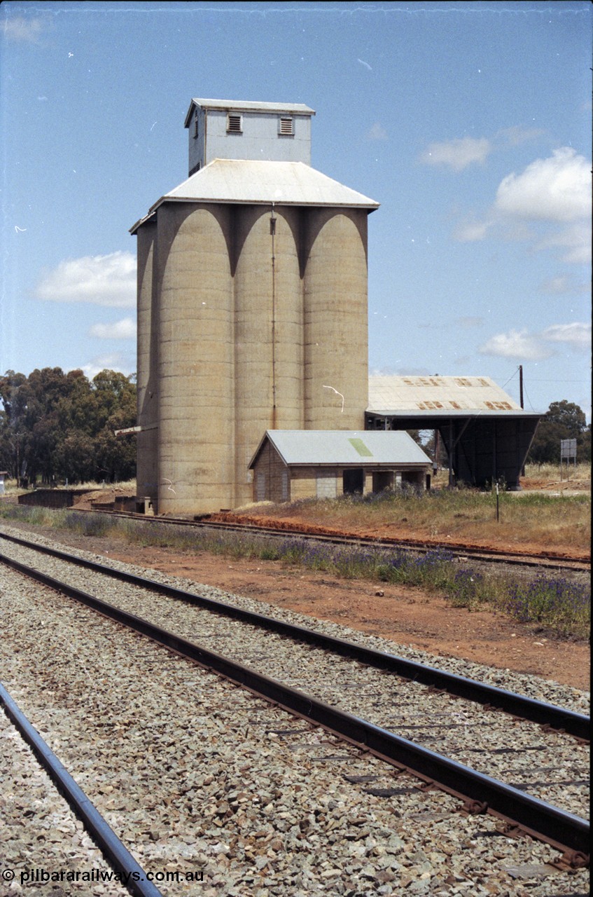 190-30
Marinna, located at the 477.88 km on the NSW Main South line, view of silo buildings and good loading ramp behind, looking south.
