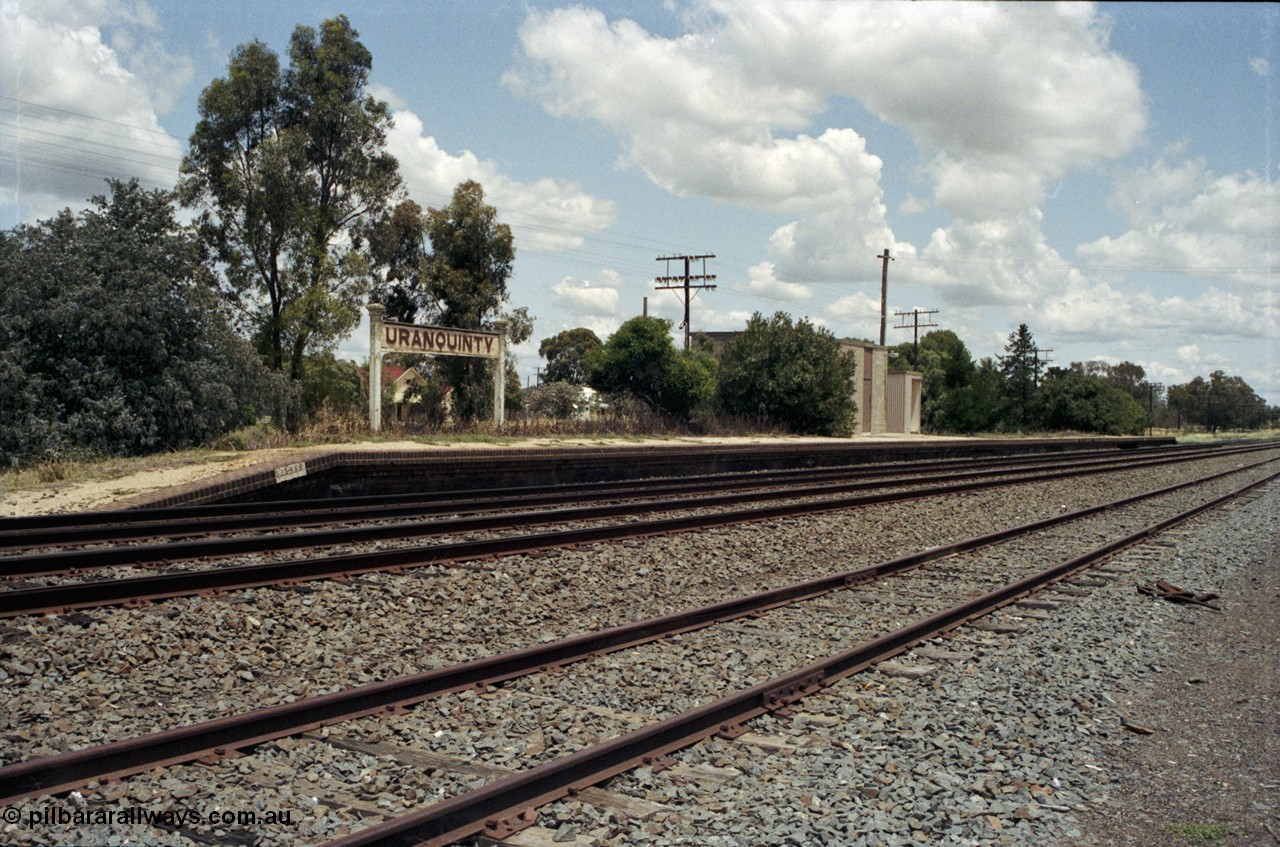 190-33
Uranquinty, located at the 535.72 km on the NSW Main South line, looking south at platform and remains of station.
