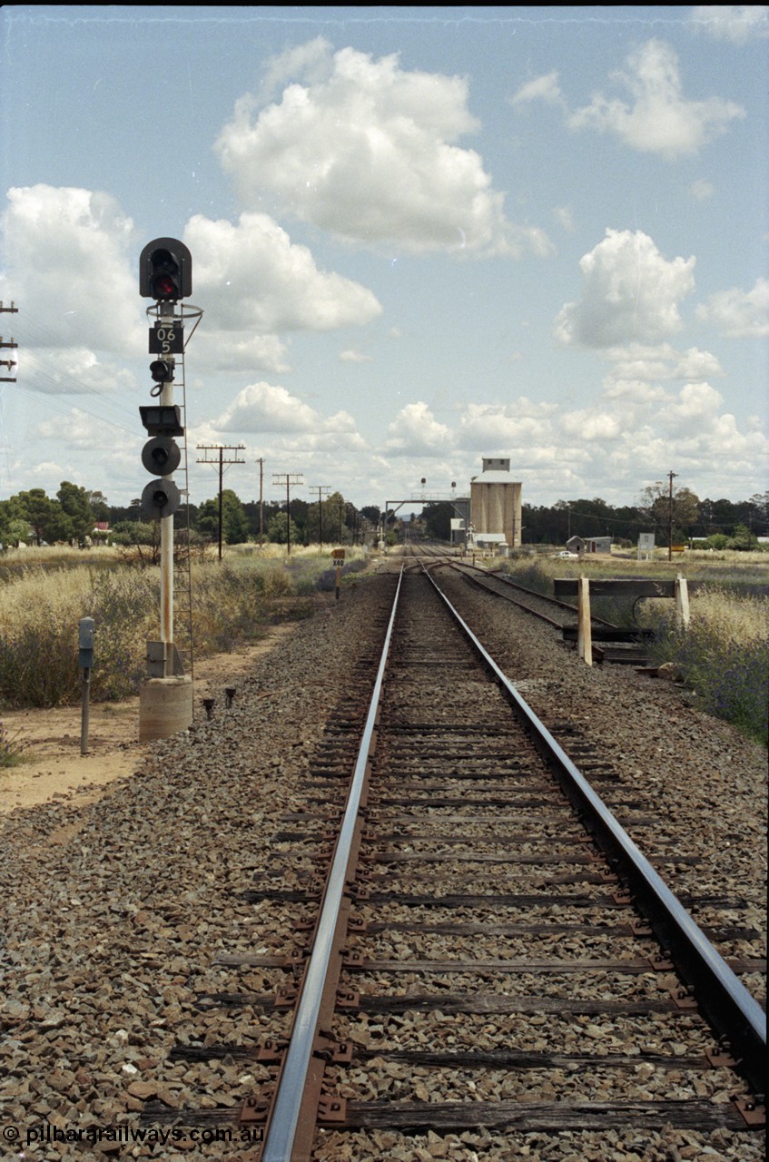 190-36
Uranquinty, located at the 535.72 km on the NSW Main South line, looking south from the north end past signal post 06/5. The north end shunt neck is on the right.
