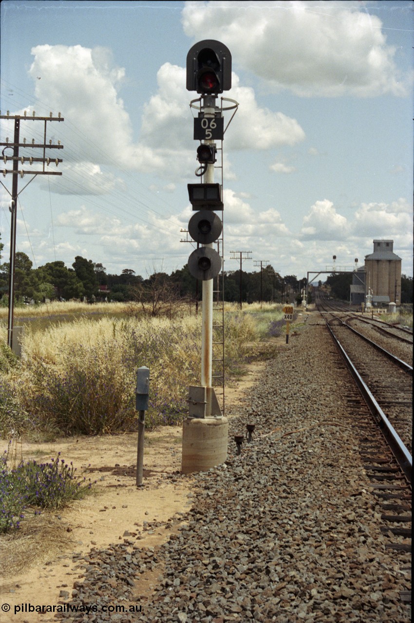 190-37
Uranquinty, located at the 535.72 km on the NSW Main South line, looking south from the north end past signal post 06/5. The north end shunt neck is on the right.
