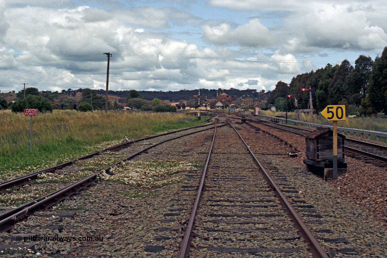 192-27
Cootamundra West, NSW, view looking in the up direction from the end No.1 Goods Siding and points can just be seen for No.2 Goods Siding. Taken from the Refuge Siding. The timber storage box behind the 50 km/h sign is a fettler's tool box.
