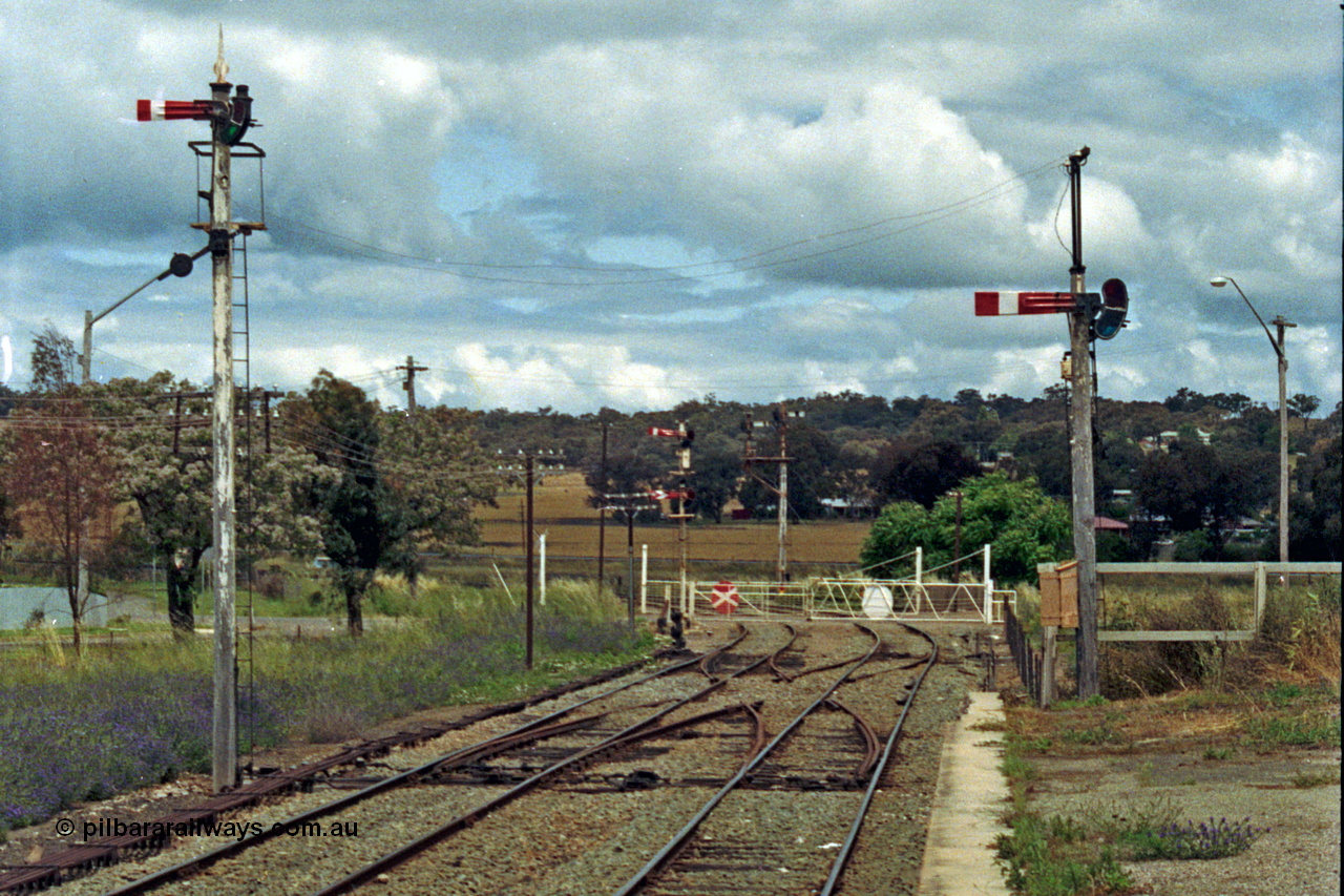 192-36
Cootamundra West, NSW, looking east in the up direction along the Main Line from the platform with the Loop Line on the left and across the partially removed scissors crossover and the non-interlocked crossing gates for Yass Road. The lower quadrant semaphore signal on the left is operated by lever 42 while the right one is operated by lever 40. The facing signal right at the road crossing is controlled by Cootamundra North Signal Box, the down facing signals are from levers 6 Goulburn to Main Line and 14 Goulburn to Loop Line.
