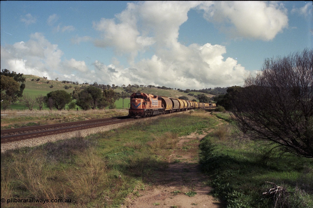 199-02
Toodyay West, empty grain train with standard gauge Westrail L class L 263 Clyde Engineering EMD GT26C serial 68-553 and forty empty waggons at Northam-Toodyay Rd Katrine. 1316 hrs on 21st June 1997.
Keywords: L-class;L263;Clyde-Engineering-Granville-NSW;EMD;GT26C;68-553;