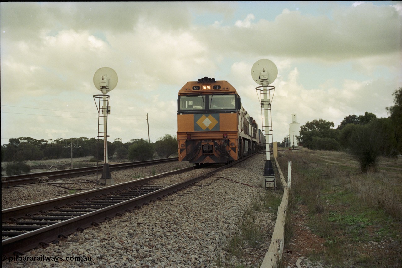 199-05
Meckering, National Rail NR class units NR 19 and NR 20 both being Goninan built GE Cv40-9i models head up train 7PM5 as they wait for a cross with the Prospector in the loop 1400 hrs 21st June 1997.
Keywords: NR-class;NR19;Goninan;GE;CV40-9i;7250-03/97-221;