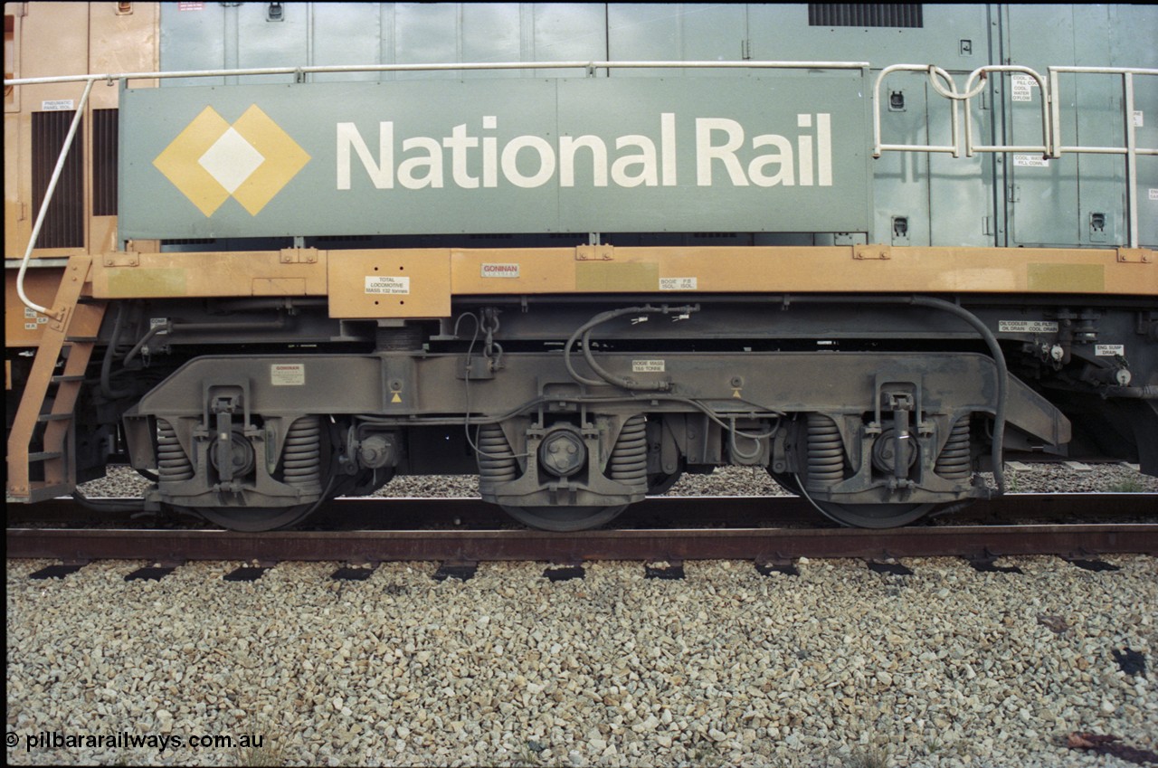199-13
Meckering, National Rail NR class unit NR 20 Goninan built GE Cv40-9i model, bogie view of no. 2 end on train 7PM5 as it waits for a cross with the Prospector in the loop 1400 hrs 21st June 1997.
Keywords: NR-class;NR20;Goninan;GE;CV40-9i;7250-04/97-222;