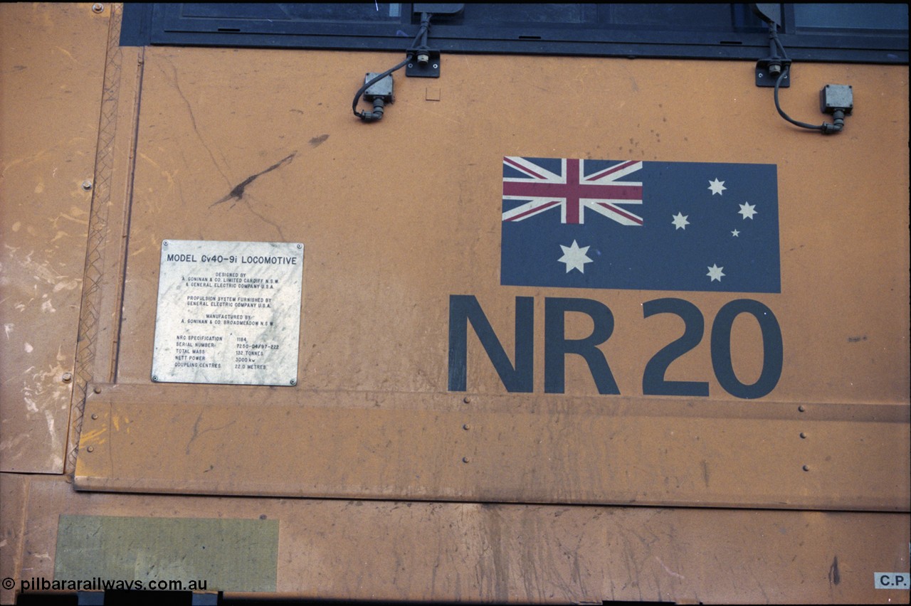 199-14
Meckering, National Rail NR class unit NR 20 Goninan built GE Cv40-9i model, cab side view of builders plate 21st June 1997.
Keywords: NR-class;NR20;Goninan;GE;CV40-9i;7250-04/97-222;