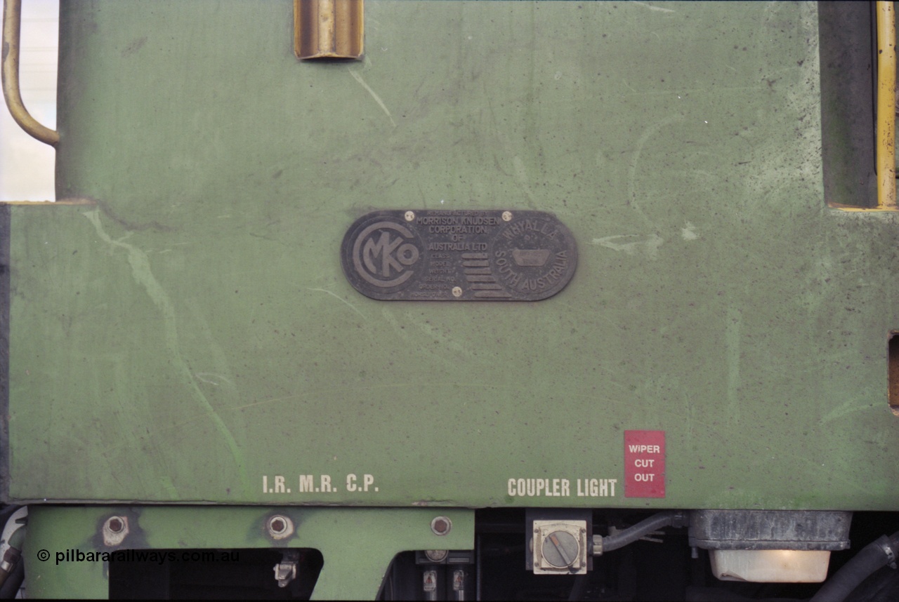 200-13
Moorine Rock, Australian National ALF class ALF 24 builders plate on the A end cab, Morrison Knudson rebuilt the AL class into the ALF with new model being JT26C-2M and serial 94-AN-024, 22nd June 1997.
Keywords: ALF-class;ALF24;Morrison-Knudson;EMD;JT26C-2M;94-AN-024;rebuild;AL-class;AL22;JT26C;76-838;