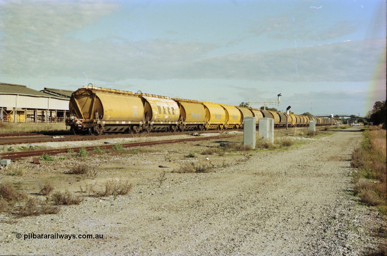 200-33
Midland, loaded standard gauge grain train behind Westrail L class L 264 trailing view of the forty WW type waggon consist 0940 hrs 24th June 1997.
