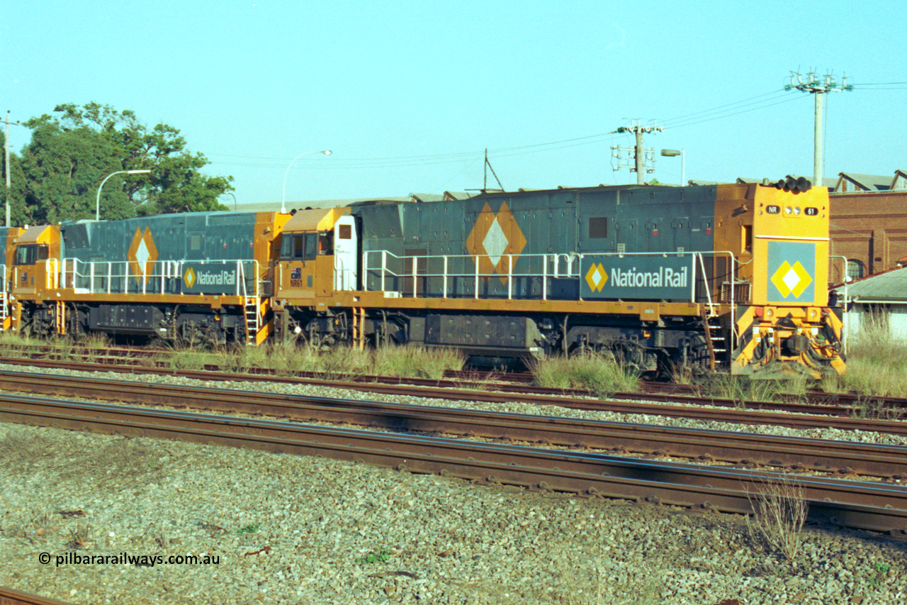 201-28
Midland, the first Perth built NR class NR 61 Goninan GE model Cv40-9i serial 7250-11/96-263 shunts at Midland with brand new NR unit NR 101.
Keywords: NR-class;NR61;Goninan;GE;CV40-9i;7250-11/96-263;