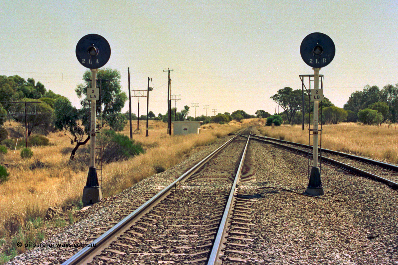 202-05
Meckering, looking west towards Grass Valley and Perth, the Up departure CTC signals, 2 LA for the main and 2 LB for the loop.
