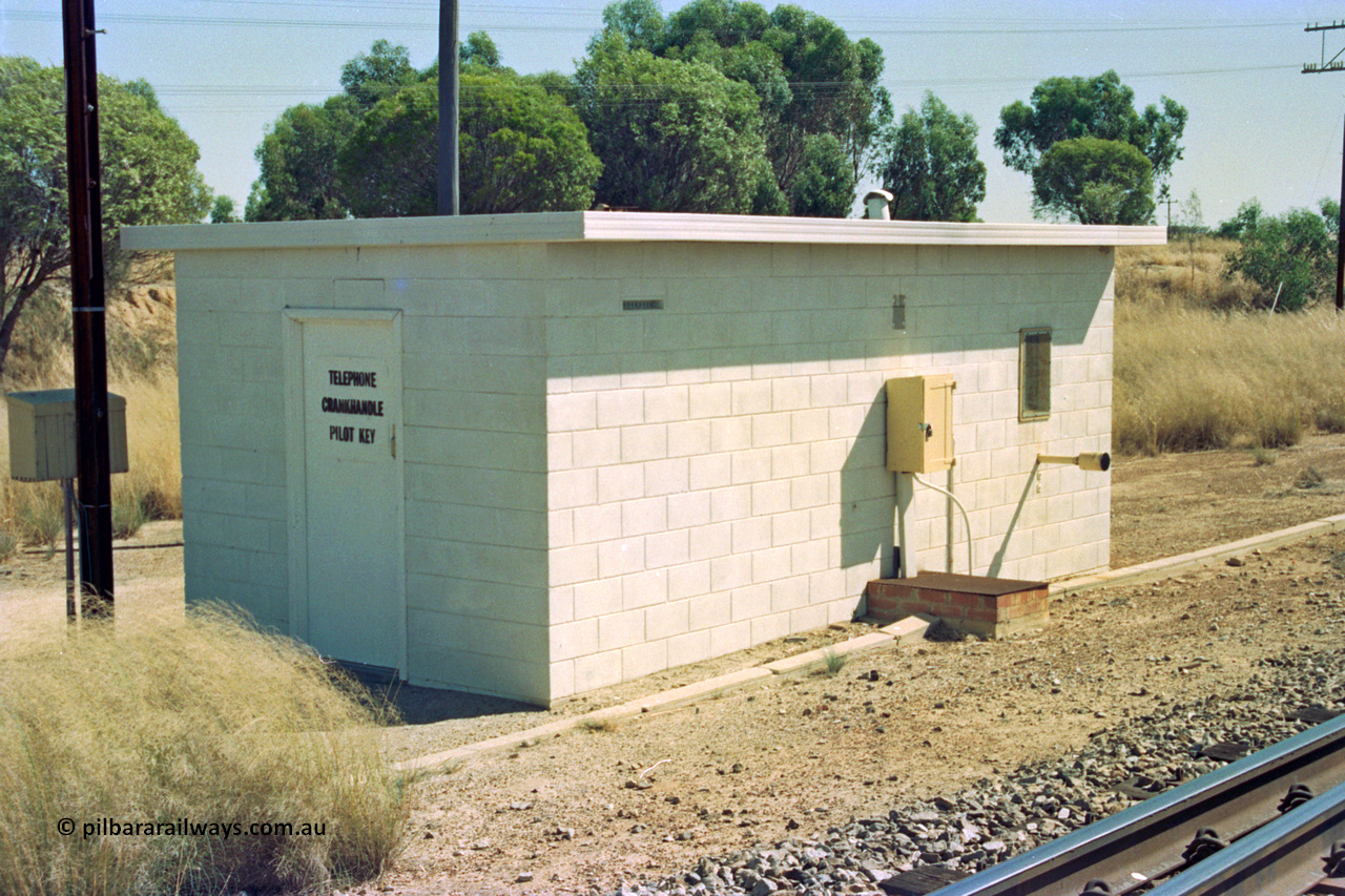 202-08
Meckering, relay interlocking room, exhaust can be seen through wall, door is marked for Telephone, Crankhandle and Pilot Key.

